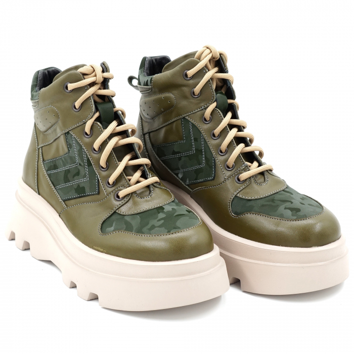 Ghete dama casual sport din piele naturala verde kaki si verde inchis smarald cu imprimeu militar 3D, cu varf rotund si talpa 5 cm 74221-23 [3]