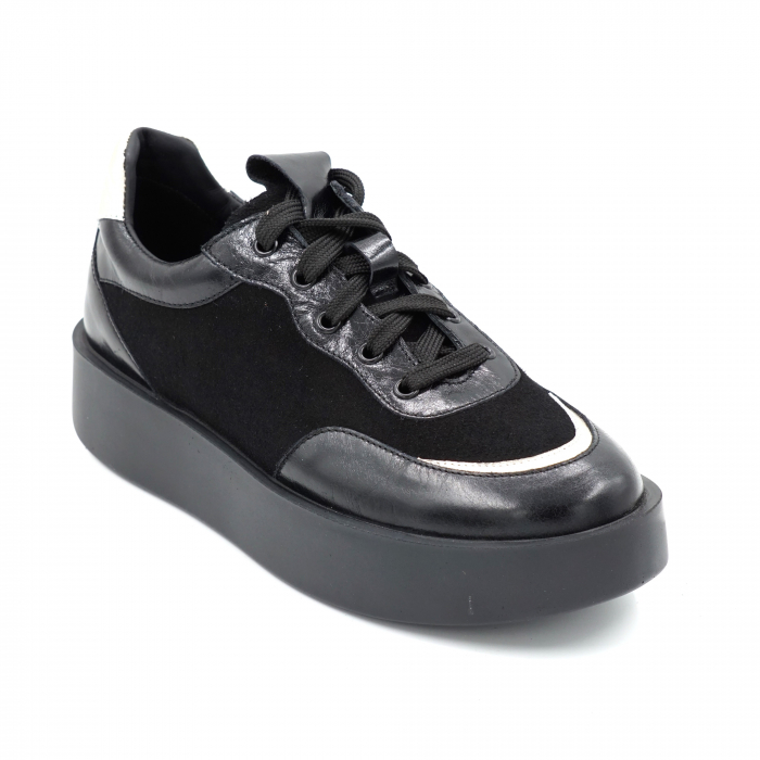 Pantofi dama tip adidas din piele naturala lacuita si intoarsa neagra si argintie cu varf rotund si talpa 4 cm  51121-6-24 [2]