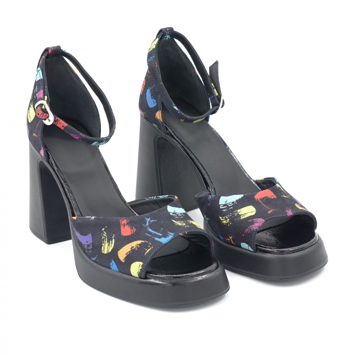 Sandale dama din piele naturala cu imprimeu multicolor cu varf patrat, platforma 2 cm si toc inalt gros 9 cm  1054-3-24 [3]