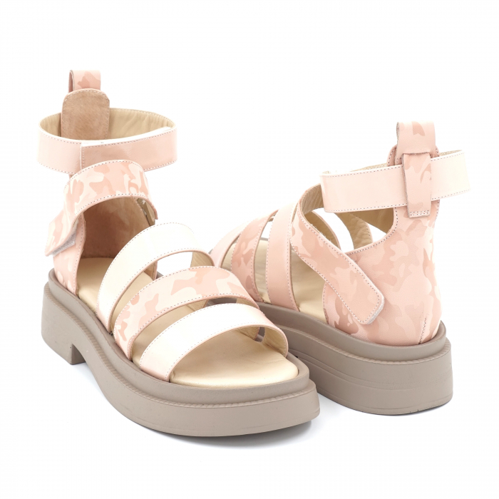Sandale dama din piele naturala lacuita nude roze si cu imprimeu militar nude roze tip ROMANE, cu varf rotund si talpa inalta 5 cm 3521-24 [2]