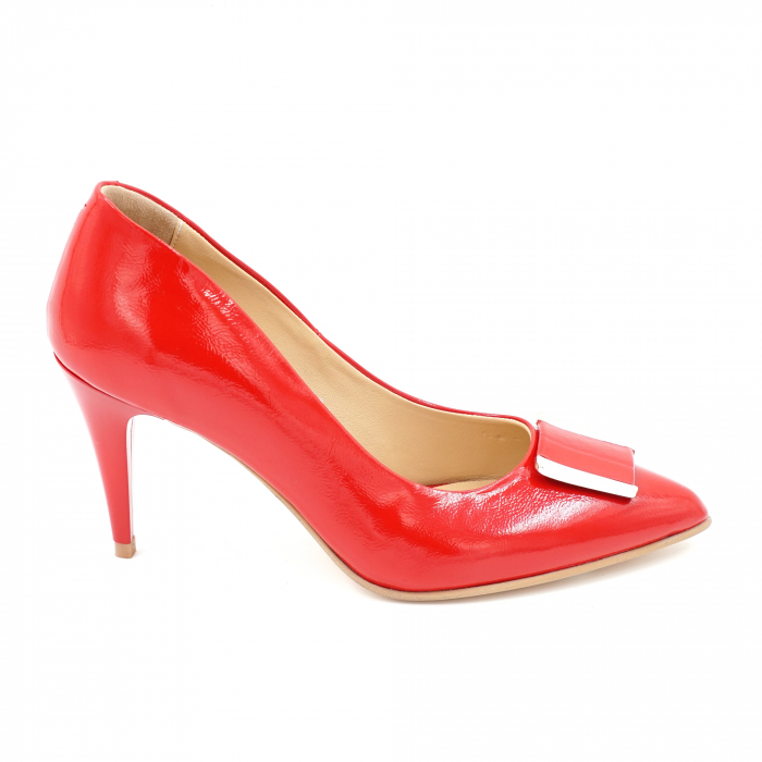 Pantofi dama din piele naturala lacuita rosie cu varf ascutit stileto si toc mediu subtire 7 cm 50724-24 [4]