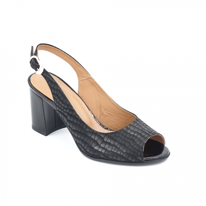 Sandale dama din piele naturala neagra cu imprimeu croco cu varf rotund si toc mic gros 6 cm 1026-3-24 [2]