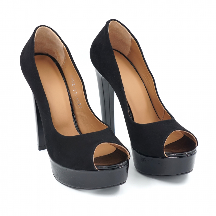 Pantofi dama decupati din piele naturala intoarsa si lacuita neagra cu varf rotund, platforma 3 cm si toc inalt subtire 13 cm 1027-4-24 [3]