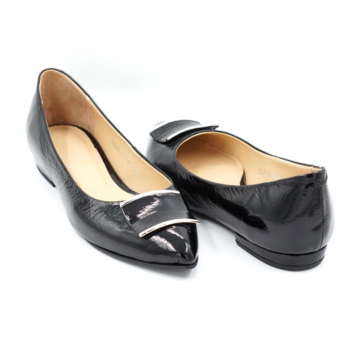 Pantofi dama tip balerini din piele naturala lacuita neagra cu varf ascutit stileto si toc mic gros imbracat 1 cm 51424-24 [3]