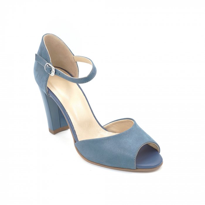 Sandale dama din piele naturala albastru deschis bleu metalizat cu varf rotund si toc mediu gros imbracat 8 cm 1065-3-24 [2]