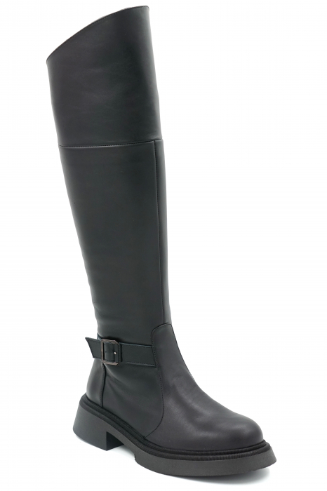 Cizme dama lungi casual din piele naturala neagra cu varf rotund, talpa 2 cm  si accesoriu metalic 73620-1-23 [2]