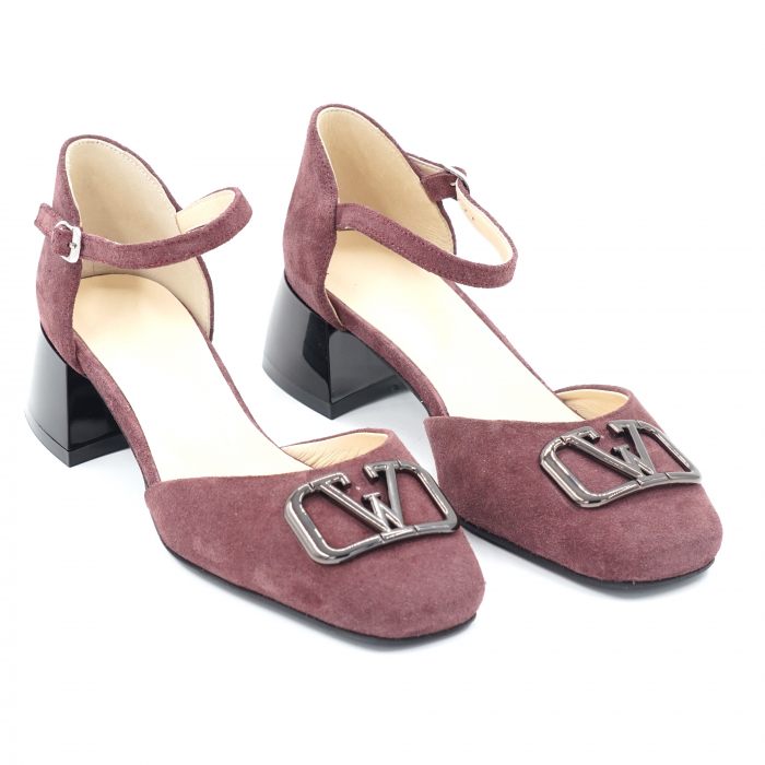 Sandale dama din piele naturala intoarsa visiniu wine cu varf patrat si toc mic gros 4 cm 1048-24 [2]