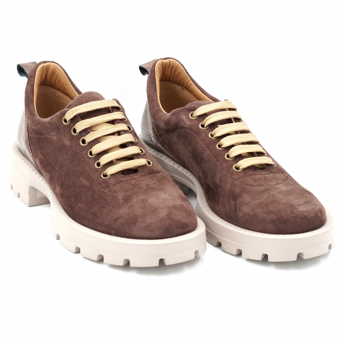 Pantofi dama casual din piele naturala intoarsa maro si croco sidefat aramiu cu varf rotund si talpa 3 cm  56620-1-24 [3]