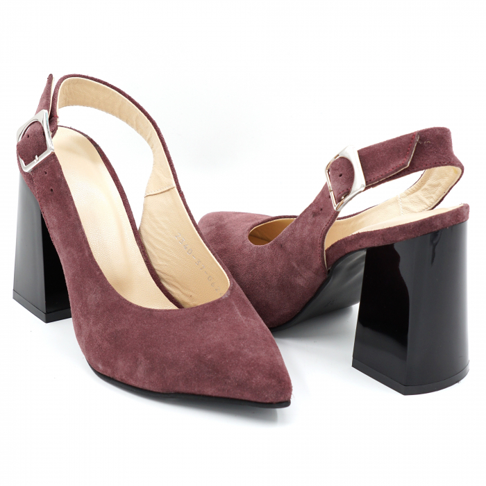 Sandale dama din piele naturala intoarsa visiniu wine cu varf ascutit stileto si toc inalt gros 9 cm  0224-6-24 [3]