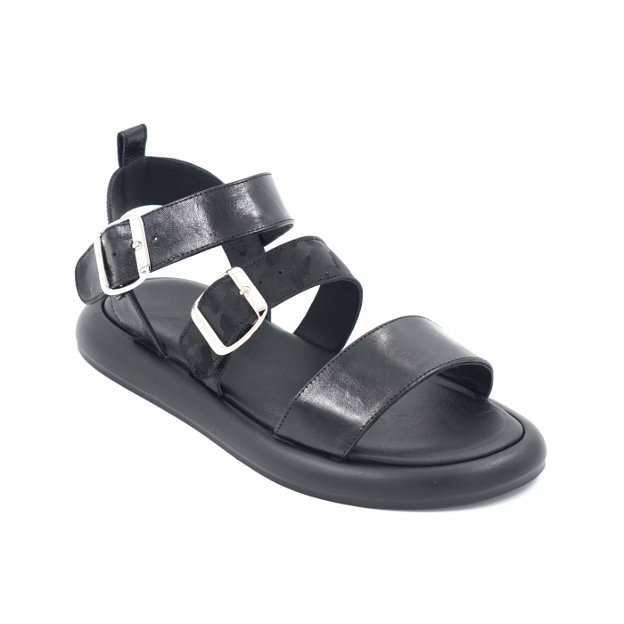 Sandale dama din piele lacuita neagra cu varf rotund si talpa joasa 2 cm 7420-24 [2]