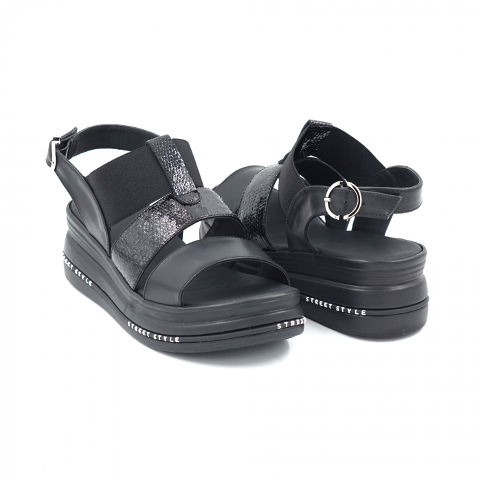 Sandale dama din piele naturala neagra si lac negru cu varf rotund si talpa inalta 6 cm 2321-1-24 [2]