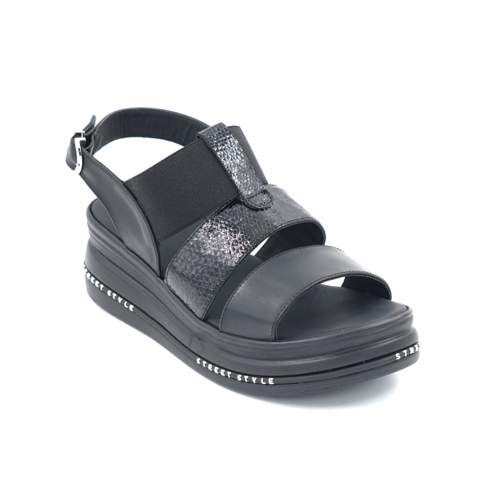 Sandale dama din piele naturala neagra si lac negru cu varf rotund si talpa inalta 6 cm 2321-1-24 [3]