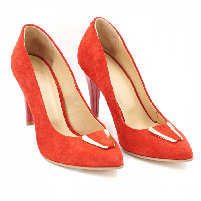 Pantofi dama din piele naturala intoarsa rosie cu varf ascutit stileto si toc inalt subtire 9 cm 50824-3-24 [4]