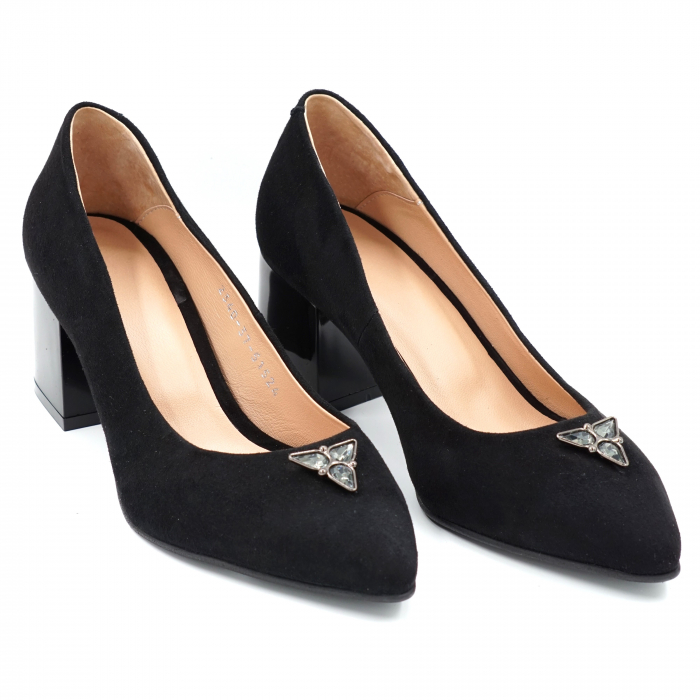 Pantofi dama din piele naturala intoarsa neagra cu varf ascutit stileto si toc mic gros 6 cm 51524-3-24 [2]