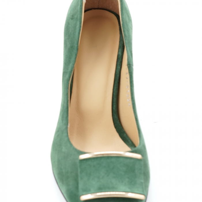 Pantofi dama din piele naturala intoarsa verde menta cu varf ascutit si toc mic gros imbracat 6 cm 51424-1-24 [3]