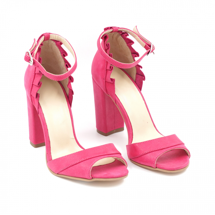 Sandale dama din piele naturala roz fucsia sidefat cu varf rotund si toc inalt gros imbracat 9 cm 5419-24 [3]