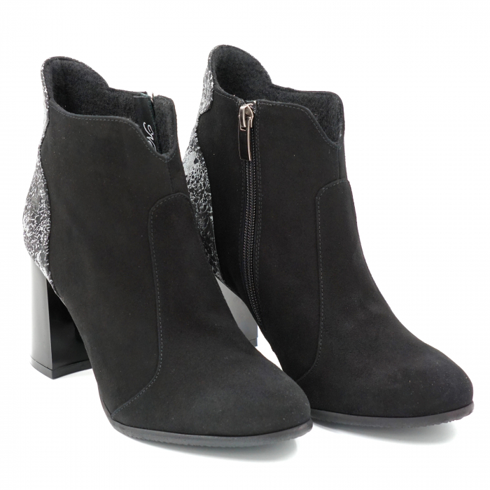 Ghete dama elegante din piele naturala intoarsa neagra si cu imprimeu gri cu negru, cu varf rotund si toc mediu gros 8 cm 71420-23 [3]