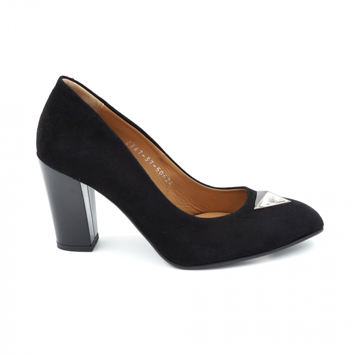 Pantofi dama din piele naturala intoarsa neagra cu varf ascutit si toc mediu gros 8 cm 50624-1-24 [4]