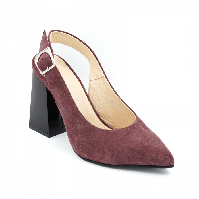 Sandale dama din piele naturala intoarsa visiniu wine cu varf ascutit stileto si toc inalt gros 9 cm  0224-6-24 [4]