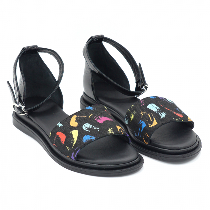 Sandale dama din piele naturala lacuita neagra si cu imprimeu multicolor cu varf rotund si talpa joasa 2 cm 4721-3-24 [3]