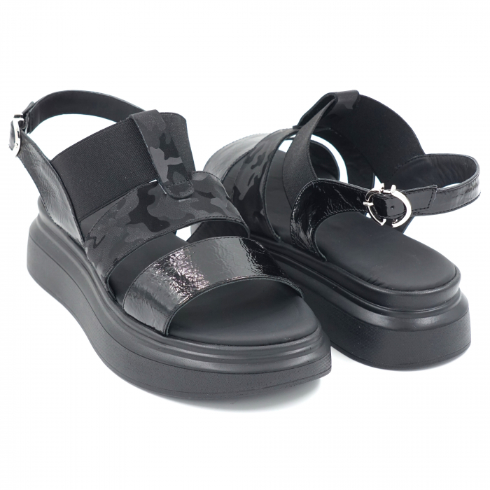 Sandale dama din piele naturala lacuita neagra si cu imprimeu militar negru cu varf rotund si talpa inalta 5 cm 2321-24  cu imprimeu miltar negru, talpa joasa 6 cm [2]
