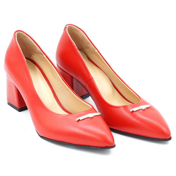 Pantofi dama din piele naturala rosie cu varf ascutit stileto si toc mic gros imbracat 6 cm 51624-2-24 [2]