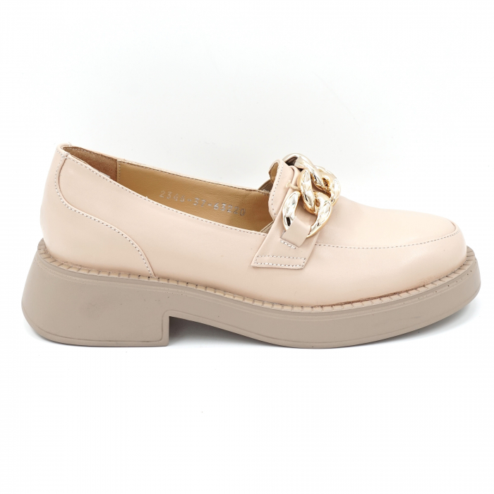 Pantofi dama casual loafers din piele naturala bej roze cu varf rotund si talpa de 3 cm 63420-24 [1]