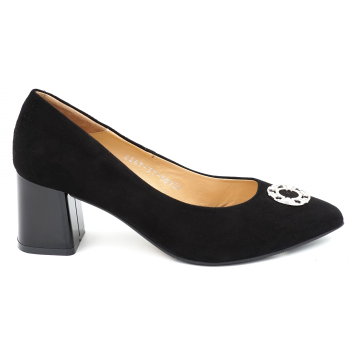 Pantofi dama din piele naturala intoarsa neagra cu varf ascutit si toc mic gros 6 cm 50924-24 [4]