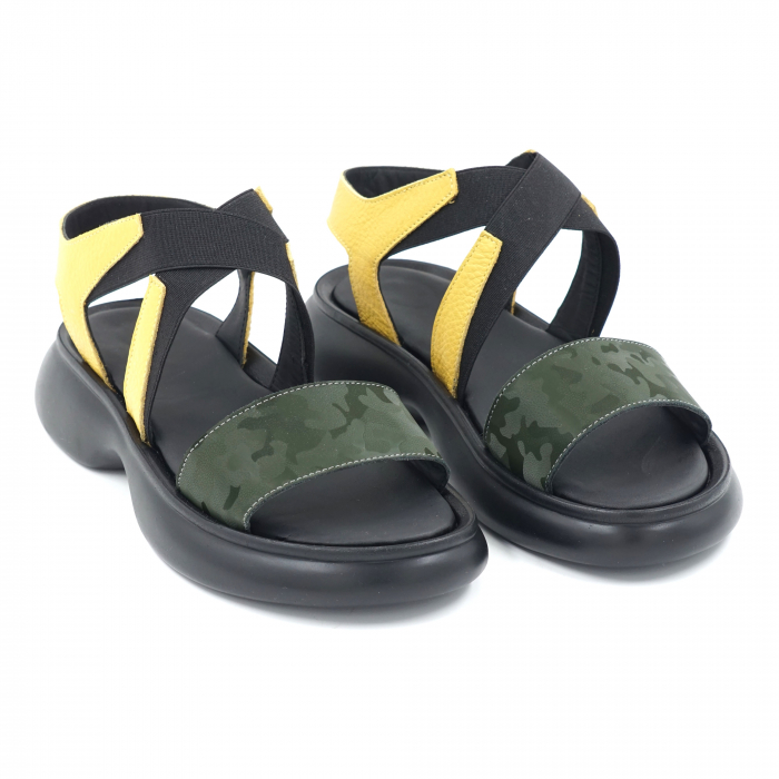 Sandale dama din piele naturala galben bizonat si verde inchis cu imprimeu militar cu varf rotund si talpa joasa 4 cm 1721-24 [4]