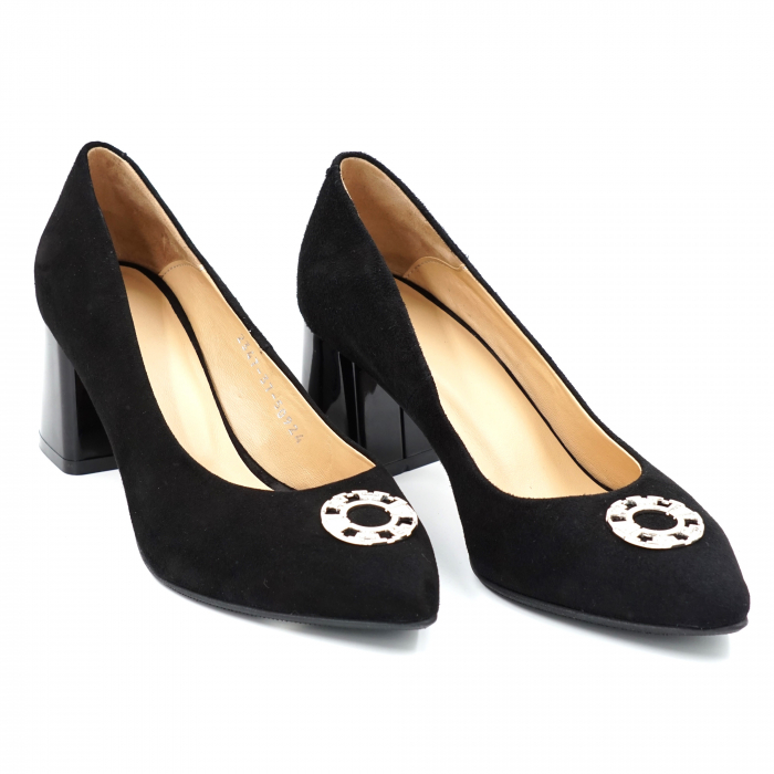 Pantofi dama din piele naturala intoarsa neagra cu varf ascutit si toc mic gros 6 cm 50924-24 [2]