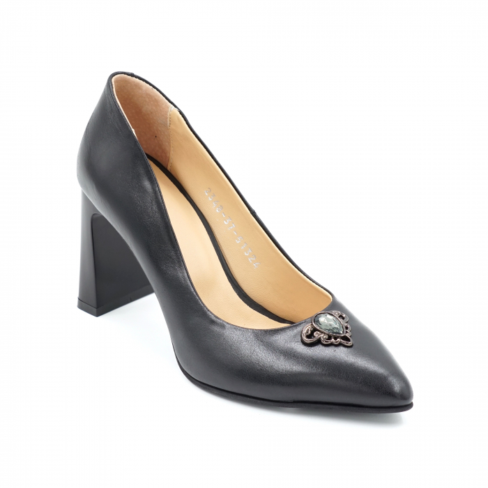 Pantofi dama din piele naturala simpla neagra cu varf ascutit stileto si toc mediu gros tip bricheta 8 cm 51324-1-24 [3]