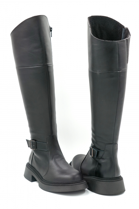 Cizme dama lungi casual din piele naturala neagra cu varf rotund, talpa 2 cm  si accesoriu metalic 73620-1-23 [4]