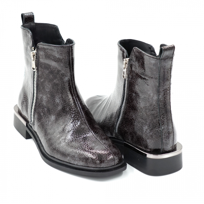 Ghete dama casual din piele naturala lacuita croc gri cu negru, cu fermoar metalic, cu varf rotund si talpa 3 cm  74921-23 [4]