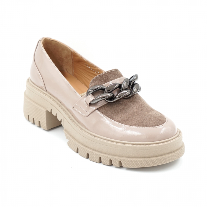 Pantofi dama casual loafers din piele naturala intoarsa si lacuita grej cu varf rotund si talpa inalta 5 cm 63220-24 [2]