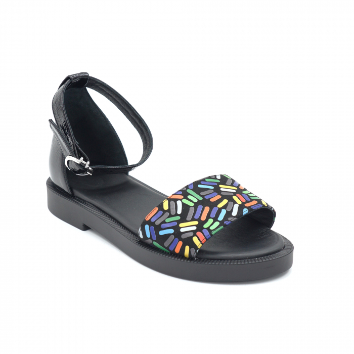 Sandale dama din piele naturala lacuita neagra si cu imprimeu multicolor cu varf rotund si talpa joasa 3 cm 4721-1-24 [2]