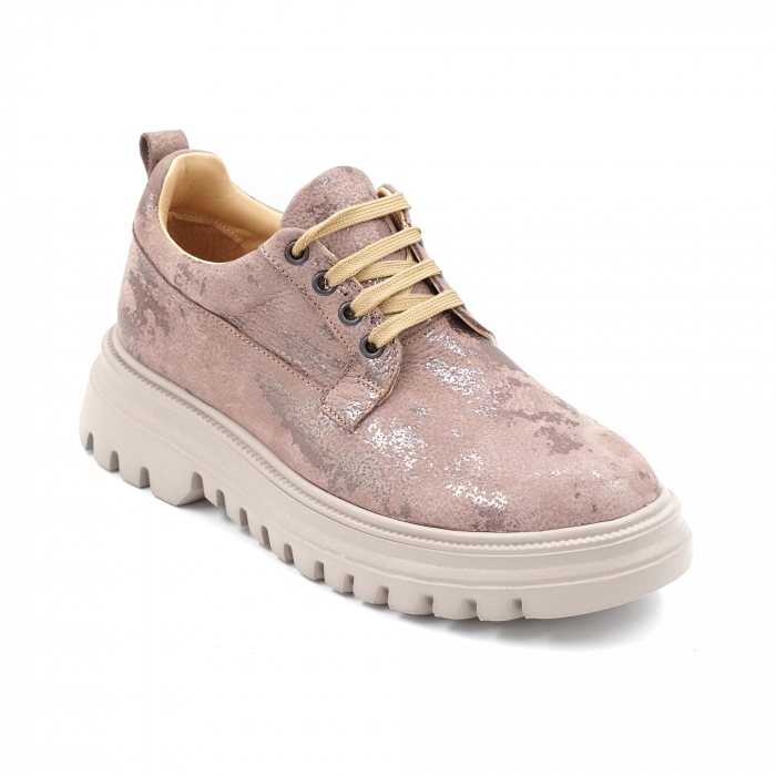 Pantofi dama casual din piele naturala bej cu insertii roze cu varf rotund si talpa 4 cm 50321-2-24 [2]