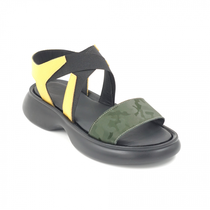 Sandale dama din piele naturala galben bizonat si verde inchis cu imprimeu militar cu varf rotund si talpa joasa 4 cm 1721-24 [2]