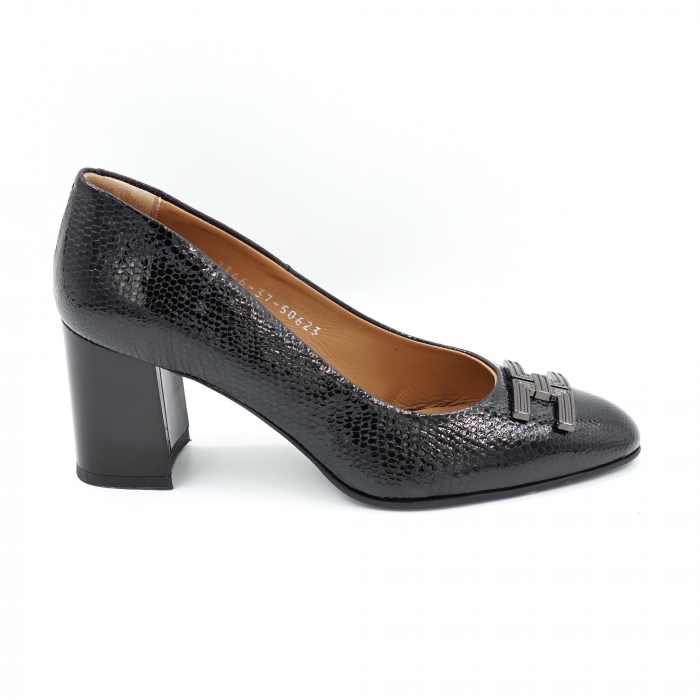 Pantofi dama din piele naturala neagra cu imprimeu croco cu varf rotund si toc mic gros 6 cm 50623-24 [4]