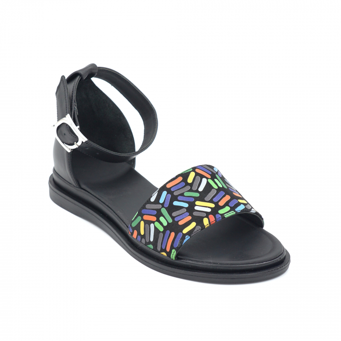 Sandale dama din piele naturala lacuita neagra si cu imprimeu multicolor, cu varf rotund si talpa joasa 2 cm 4721-4-24 [2]