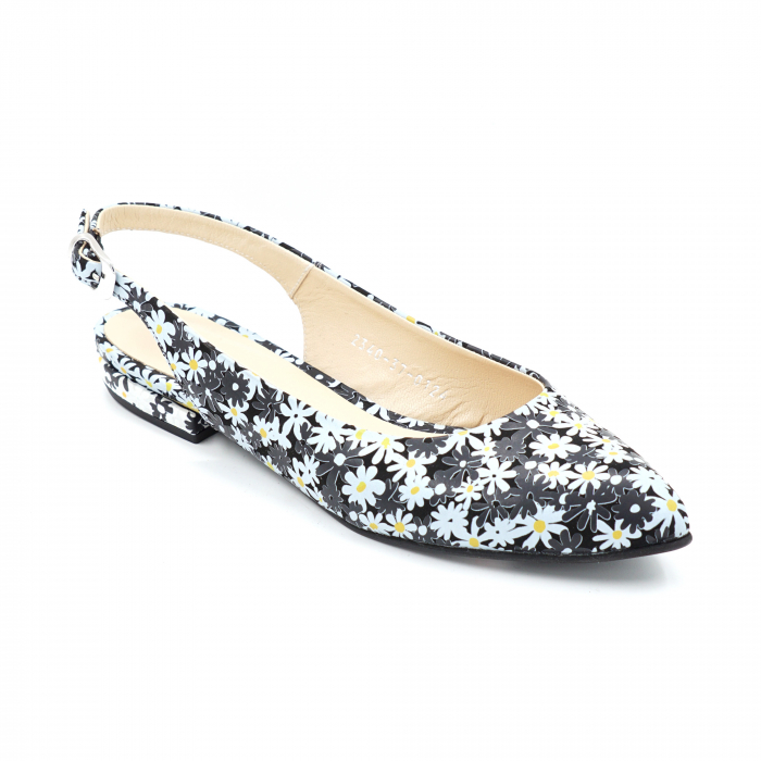 Sandale dama tip balerini din piele naturala cu imprimeu floral cu varf ascutit stileto si toc mic gros imbracat 1 cm 0124-1-24 meu floral ,balerin cu toc 1 cm [2]
