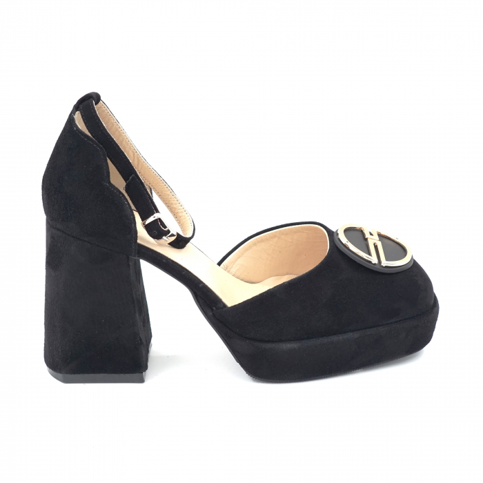 Sandale dama din piele naturala intoarsa neagra cu varf patrat, platforma 2 cm si toc inalt gros imbracat 9 cm 1083-24 [3]