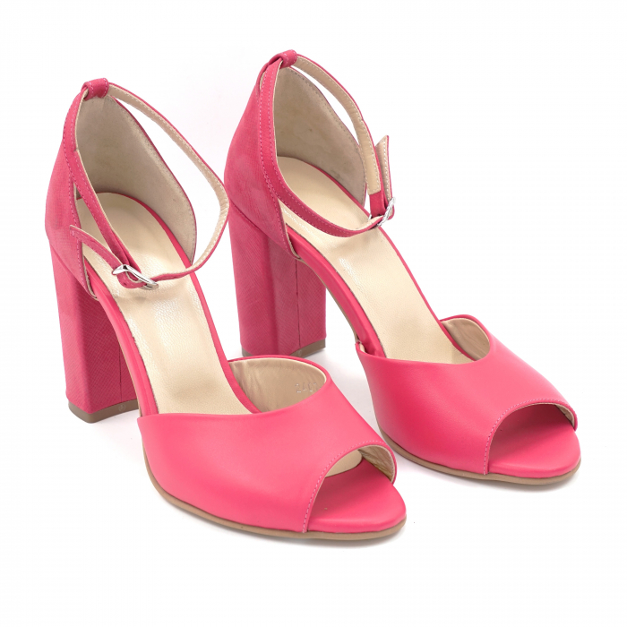Sandale dama din piele naturala fucsia metalizata cu varf rotund si toc inalt gros imbracat 9 cm  1064-1-24 [3]