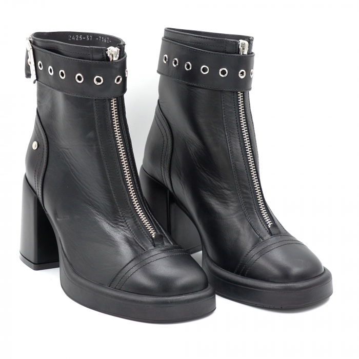 Ghete dama elegante din piele naturala neagra si accesorii metalice cu varf patrat, platforma 2 cm si toc mediu gros 8 cm 71624-24 [2]