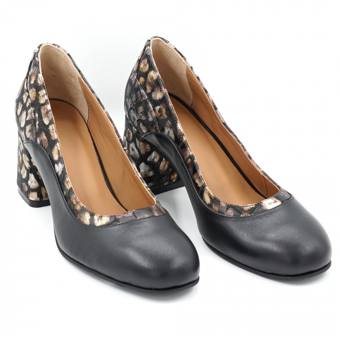 Pantofi dama din piele naturala neagra si cu imprimeu animal print cu varf rotund si toc mic gros imbracat 6 cm 50520-1-24 [3]