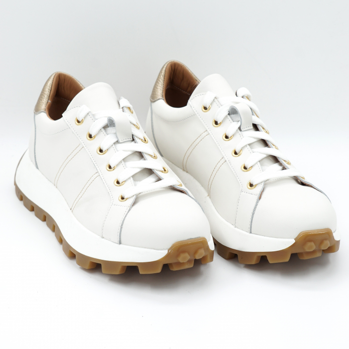 Pantofi dama tip adidas din piele naturala alba si auriu bizonat cu varf rotund si talpa 3 cm 50621-4-24 [3]