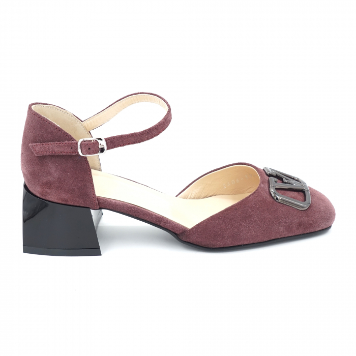 Sandale dama din piele naturala intoarsa visiniu wine cu varf patrat si toc mic gros 4 cm 1048-24 [3]