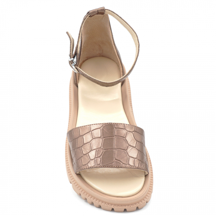 Sandale dama din piele naturala croco maro aramiu cu varf rotund si talpa joasa 3 cm 4721-2-24 [5]