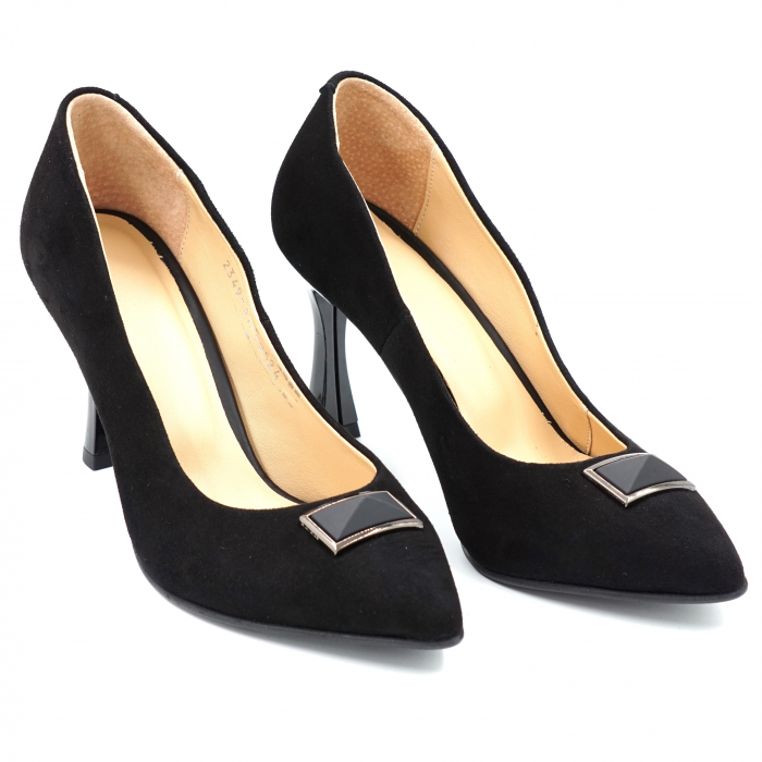 Pantofi dama din piele naturala intoarsa neagra cu varf ascutit stileto si toc mediu subtire 8 cm 50524-4-24 [2]