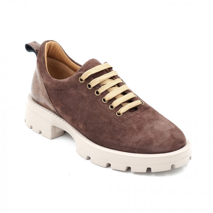 Pantofi dama casual din piele naturala intoarsa maro si croco sidefat aramiu cu varf rotund si talpa 3 cm  56620-1-24 [2]