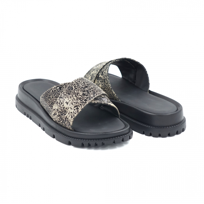 Papuci dama din piele naturala cu imprimeu maro negru cu varf rotund si talpa joasa 3 cm  7220-24 [2]